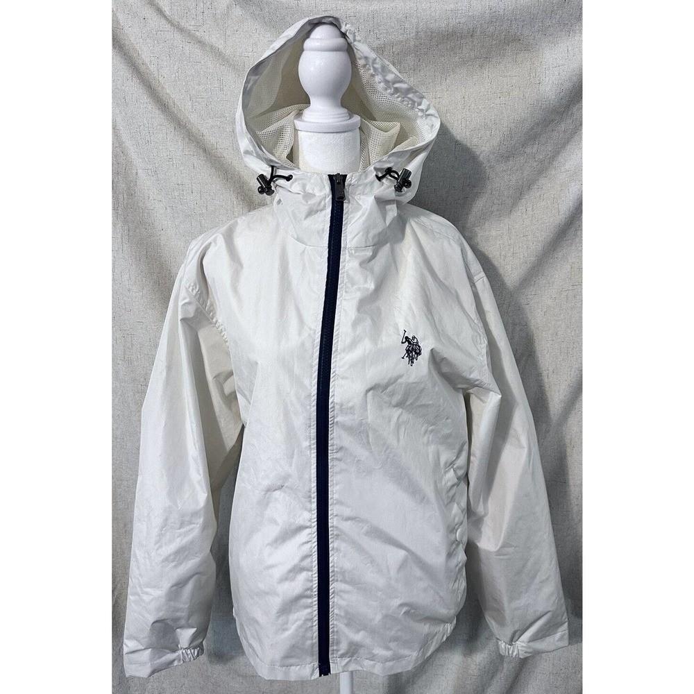 US Polo Assn White Cream Hooded Windbreaker Jacket Pony Men’s Small with pockets